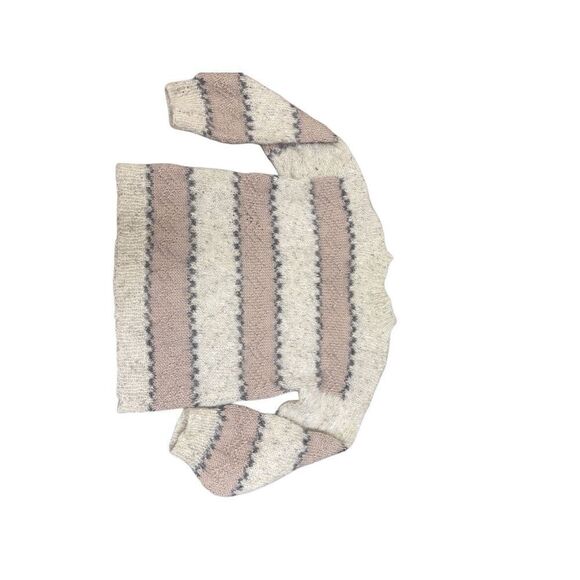 Handmade Women's fuzzy Cream Tan Striped 3/4 Sleeves Pullover Sweater Size Mediu - Picture 2 of 7